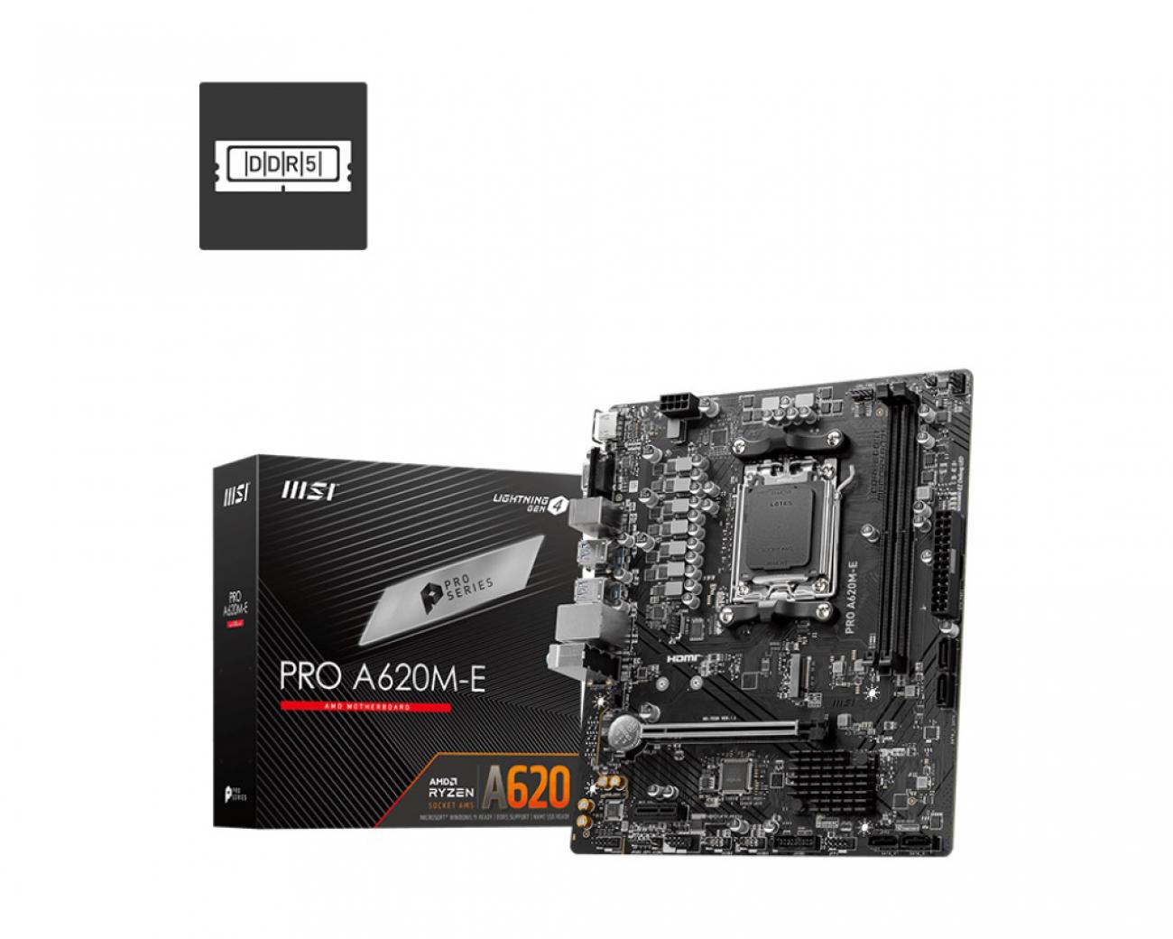 MSI MB AMD A620, A620M-E PRO AM5 2DDR5,1PCI-Ex16,1PCI-Ex1,1M.2,4SATA3,6USB