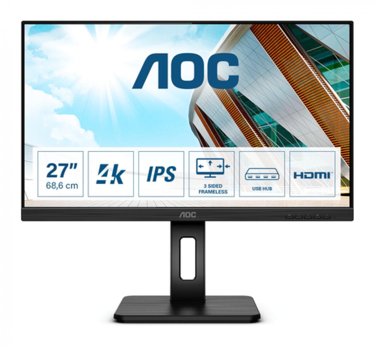 AOC MONITOR 27 LED IPS 4K UHD 16:9 350 CDM, USB-C, DP/HDMI, PIVOT, MULTIMEDIALE